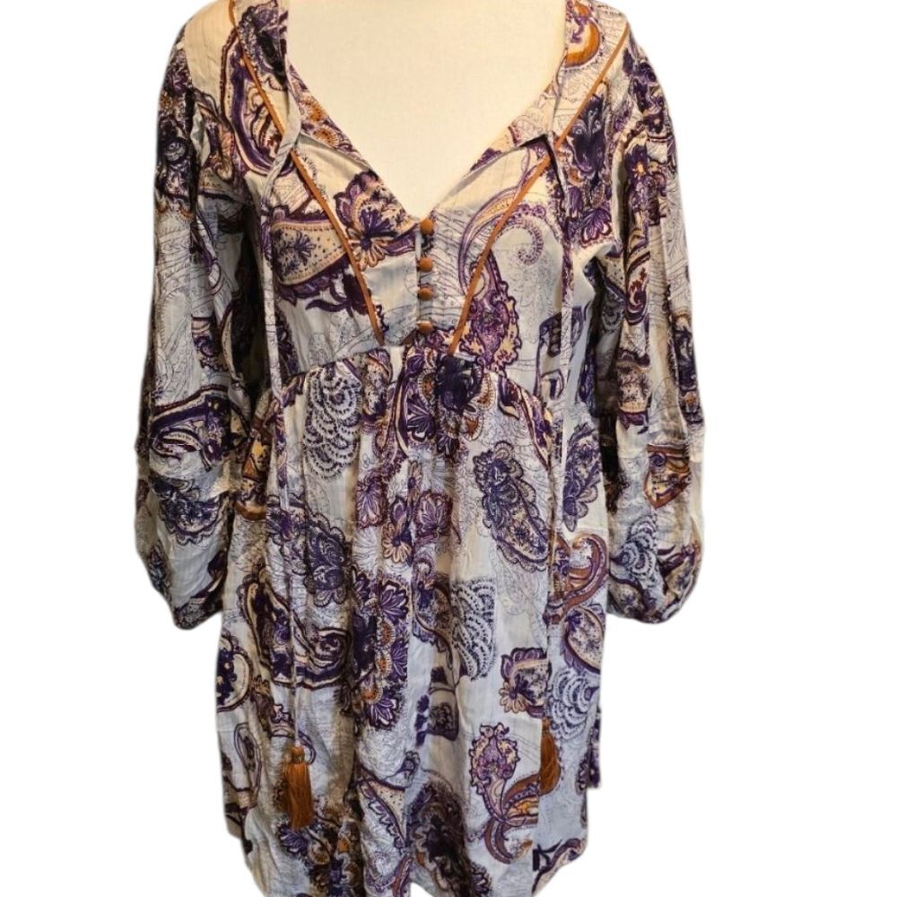 Band Of The Free Size S Lyonnette Paisley Cream Purple Boho Mini Dress NWT
